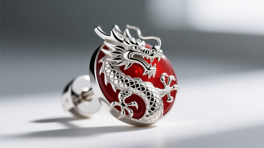 Close-up of Dragon Radar stud earring showing contrast between polished 925 sterling silver and hardened red epoxy resin details