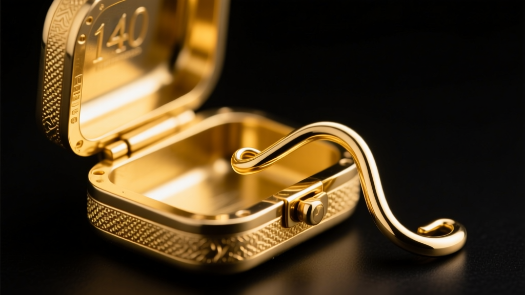 Macro shot of an open 14k gold box clasp with a bent 20-gauge wire safety latch, illuminated by a bright LED jeweler