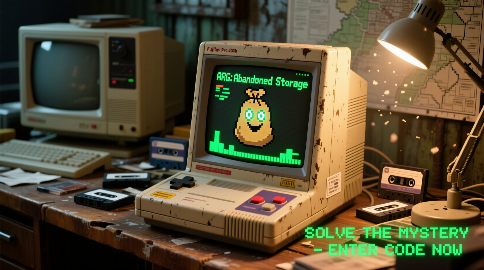 Vintage gaming console displaying potato sack ARG