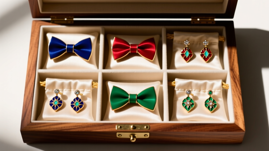 Enameled bow tie earrings stored in anti-tarnish bags inside a compartmentalized wooden jewelry box, shot from directly above.