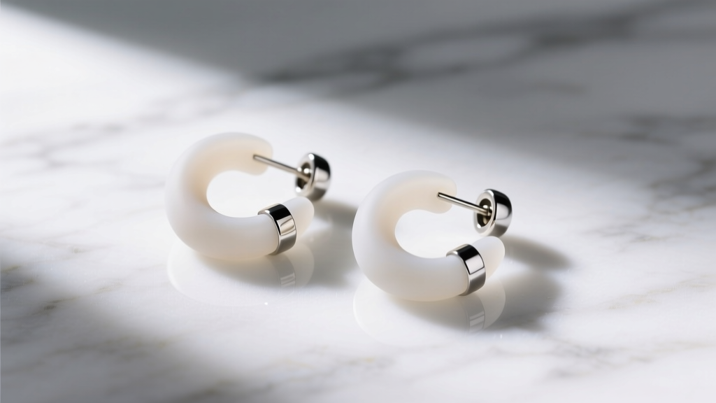 Two clear medical-grade silicone magnetic compression earrings resting on a white marble surface under soft lighting.