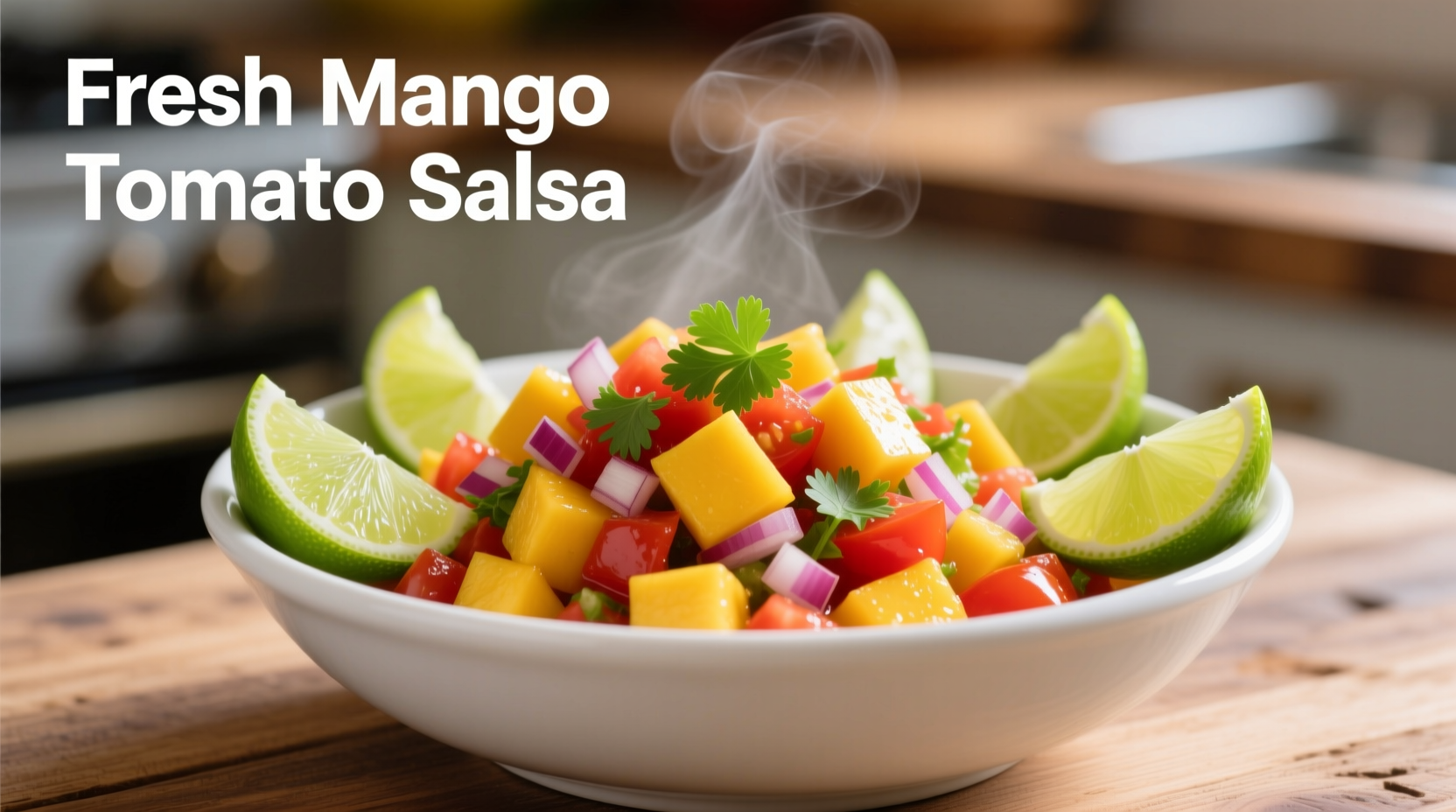 Fresh mango tomato salsa in white bowl with lime wedges
