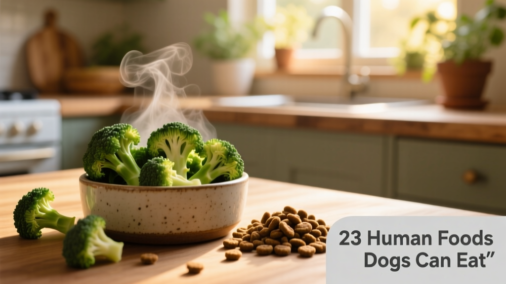 Steamed broccoli florets scattered on a dog bowl beside kibble