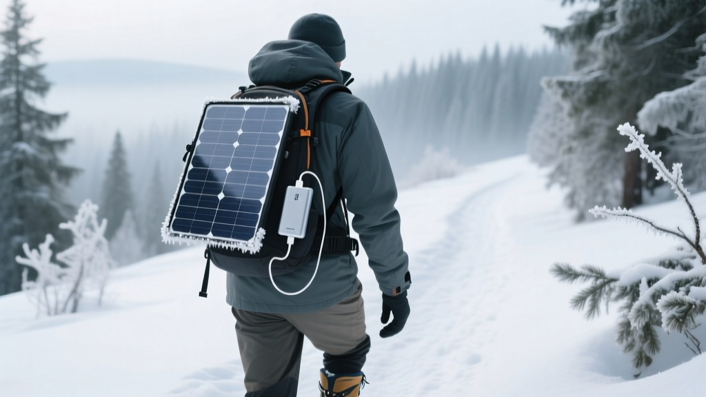 Portable solar panel charging a power bank during a snowy winter hike in Linn County
