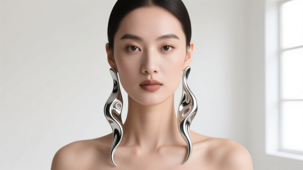Model wearing long liquid-metal dangling silver earrings, soft studio lighting highlighting the reflective sterling surface.