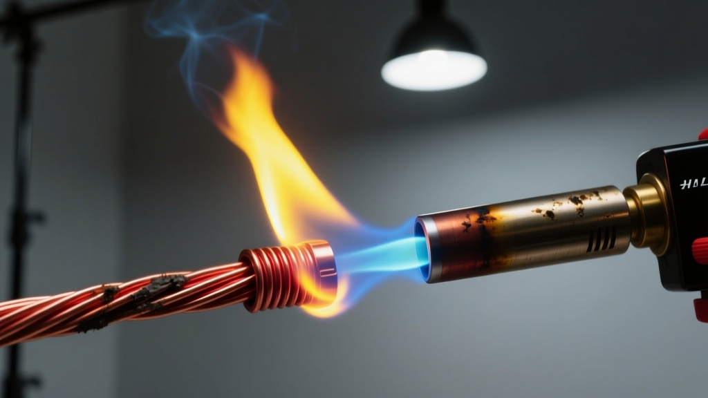 Side angle of a butane torch flame heating a copper wire joint until the metal glows a dull cherry red in a dimly lit studio.