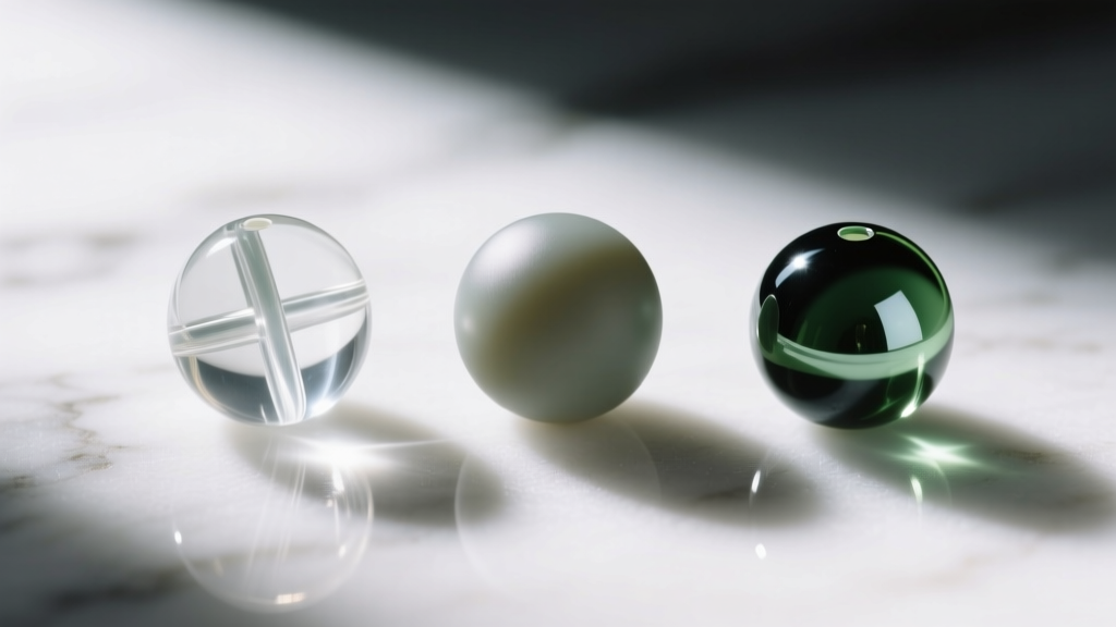 Macro shot comparing clear epoxy, matte polyurethane, and glossy UV-cured resin beads resting on a clean white marble surface.