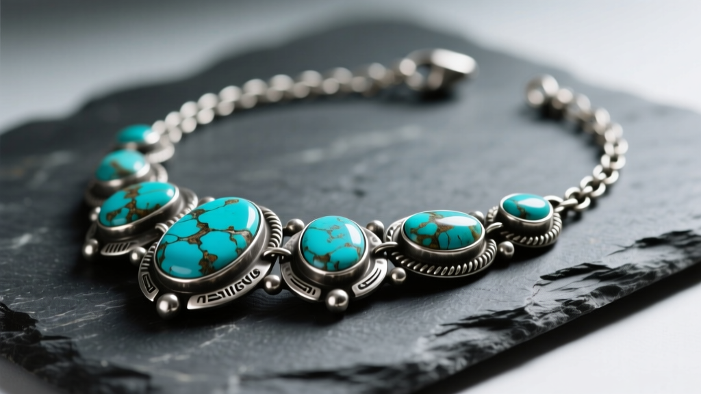 Close-up of a heavily tarnished sterling silver turquoise squash blossom necklace resting on dark slate under soft studio lighting.