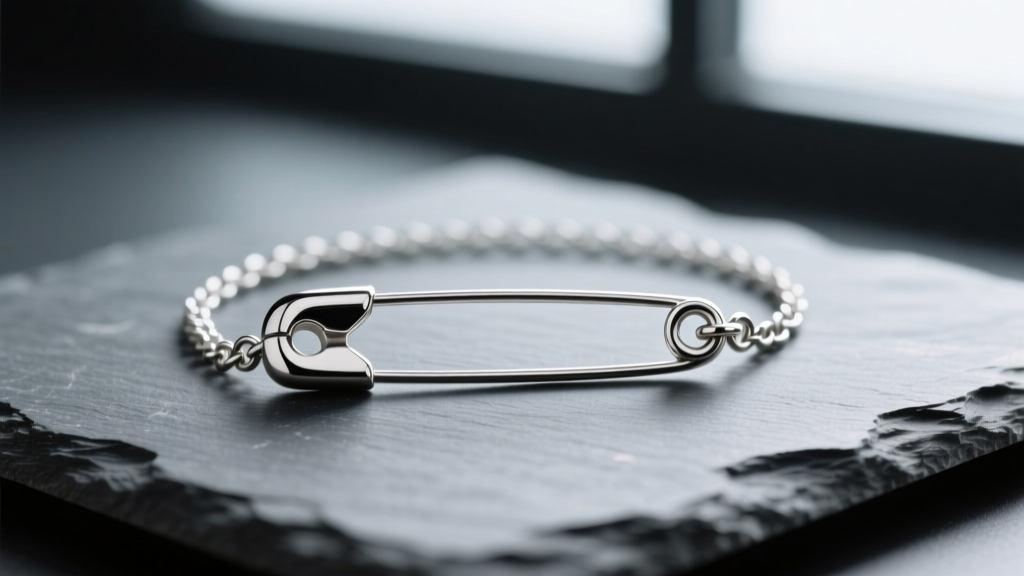 Studio shot of a 14-gauge sterling silver safety pin necklace on slate, highlighting the heavy spring hinge under moody lighting