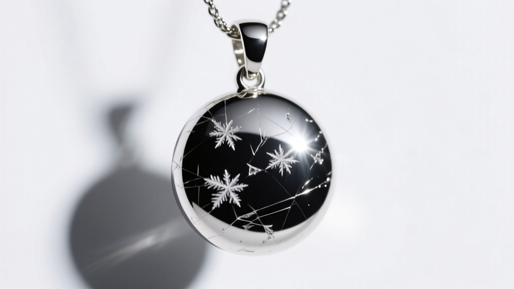 Macro shot of a polished silver pendant revealing tiny micro-scratches on the surface, lit by harsh directional side lighting.