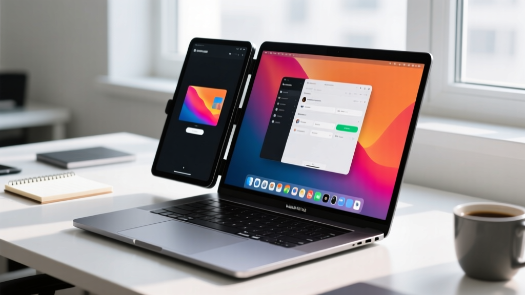 Close-up of the Mobile Pixels Trio Max sliding out from behind a 14-inch laptop, revealing dual vertical secondary screens in action.