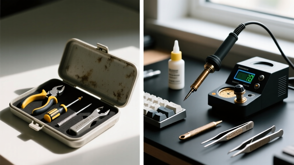 Side-by-side comparison of a beginner hot-swap toolset and an expert soldering station with flux and custom keycap pullers.
