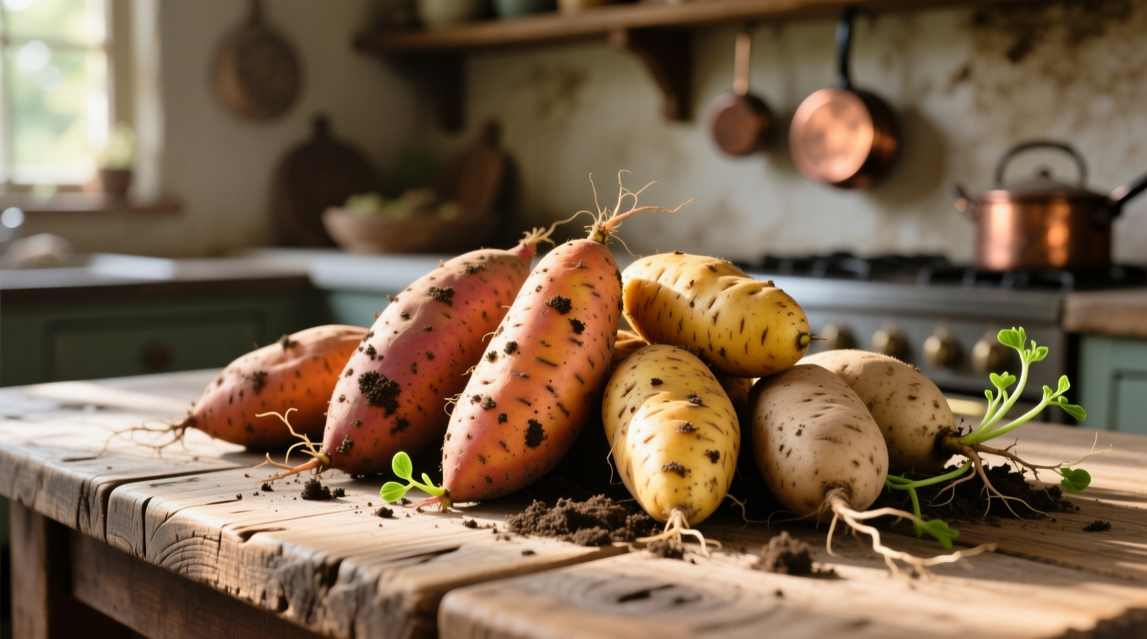 Fresh sweet potatoes on wooden table