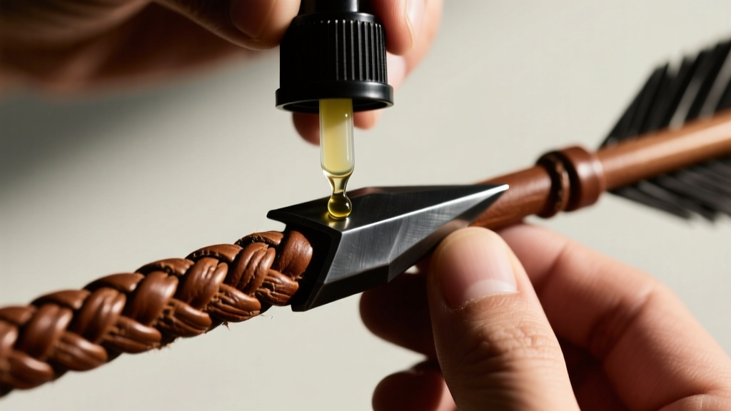 Hands applying a drop of mink oil conditioner to a thick, braided brown leather cord holding a matte black titanium arrowhead.