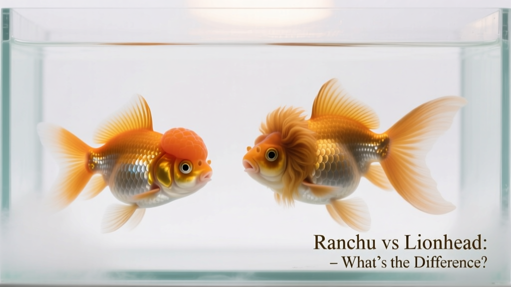 Side-by-side comparison of a Ranchu and a Lionhead goldfish in a clean aquarium, highlighting their head growths and tail shapes