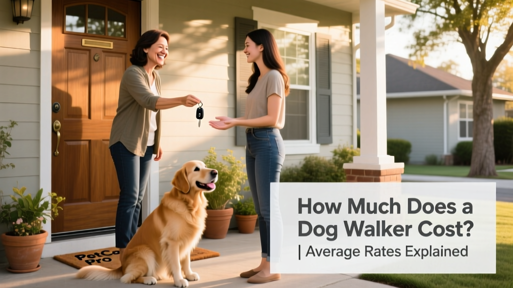 A smiling pet owner handing keys to a warm, trustworthy pet sitter at their front door