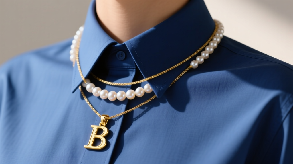 Layered gold initial pendant and freshwater pearl necklaces resting on a blue oxford shirt collar in bright daylight.