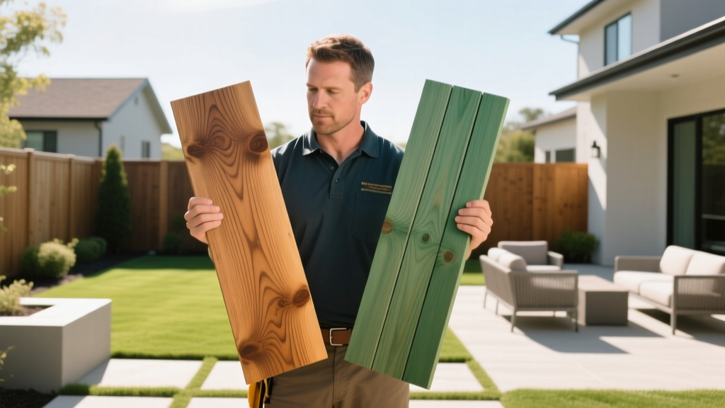 Contractor comparing weathered cedar and pressure-treated pine fence boards against a modern suburban backyard landscape in bright sunlight