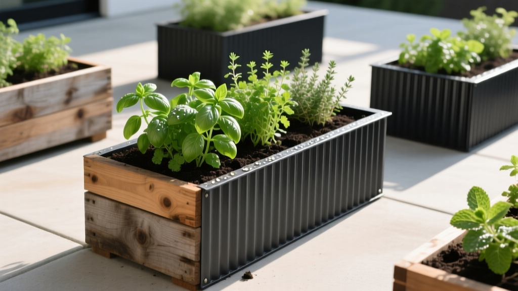 Weathered cedar and black corrugated metal planter boxes on a concrete patio filled with vibrant green herbs and dark soil