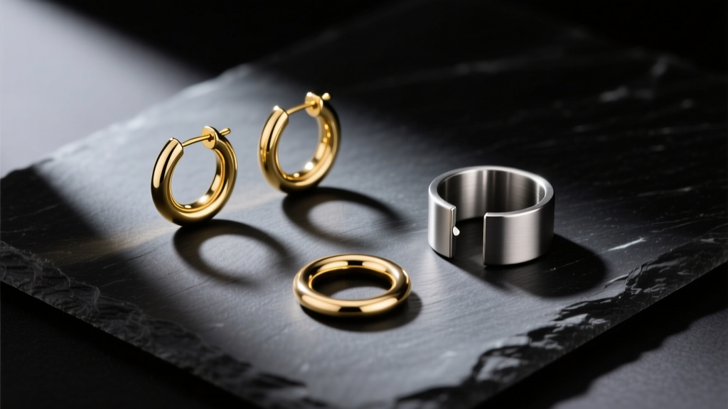 Flat lay of gender-neutral body jewelry including gold huggies and titanium ear cuffs on dark slate with soft, dramatic shadows.