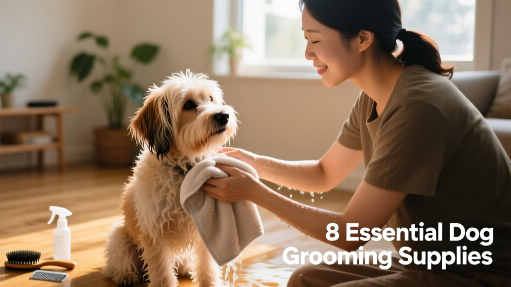 Person gently squeezing water from a fluffy dog's coat using a microfiber towel