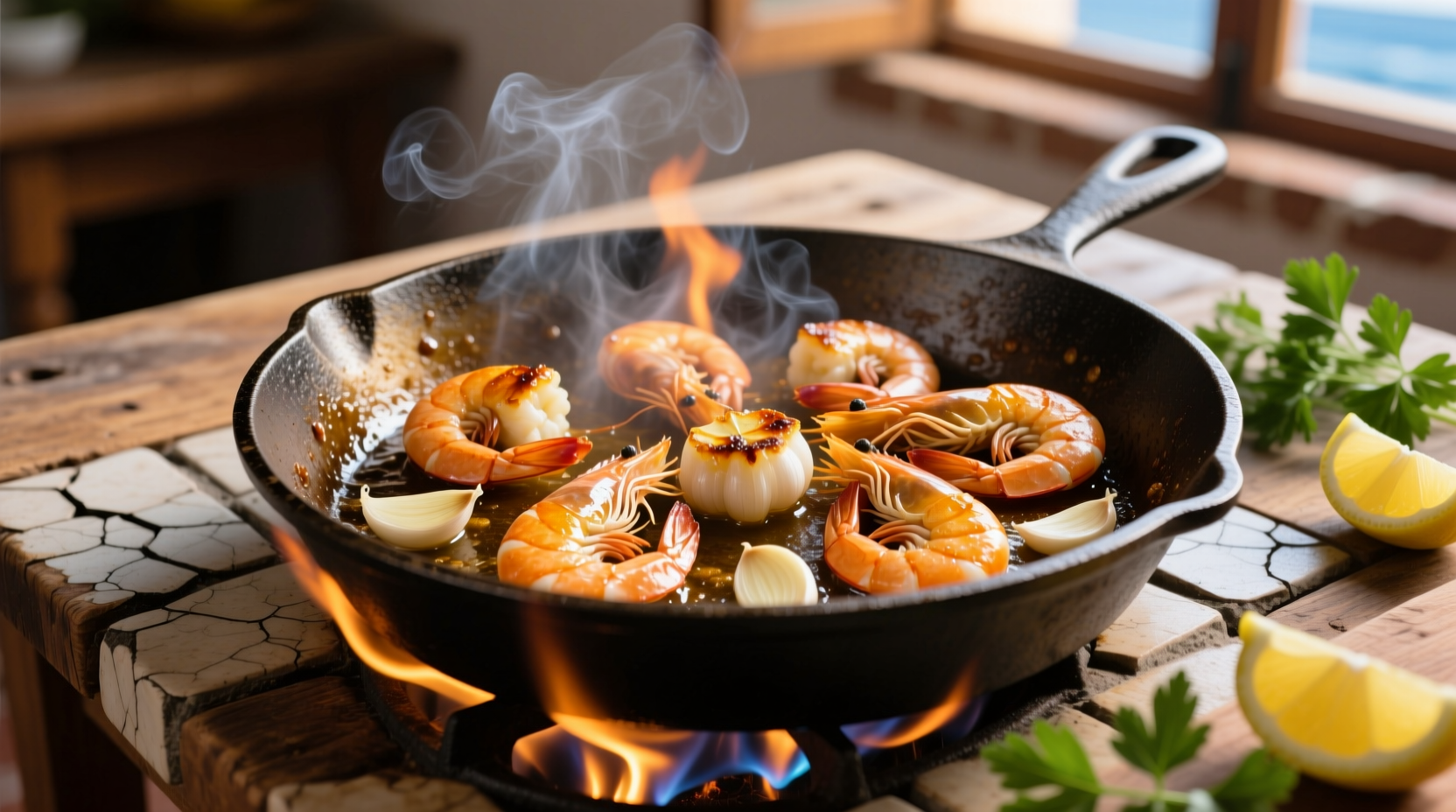 Spanish garlic shrimp sizzling in cast iron skillet