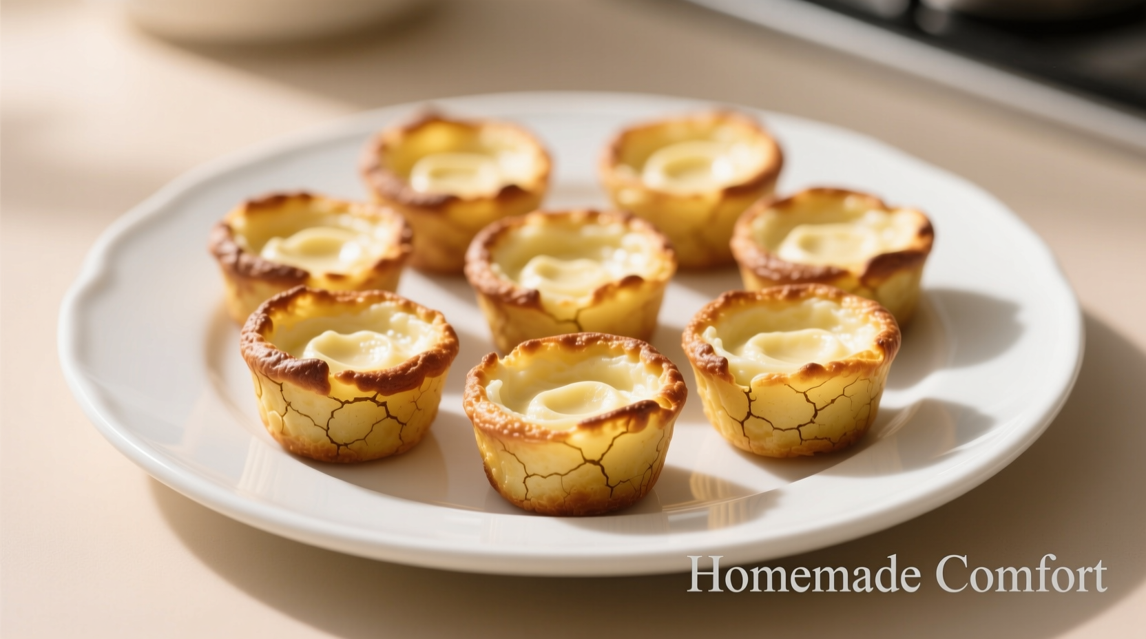 Golden brown mashed potato cups arranged on white plate