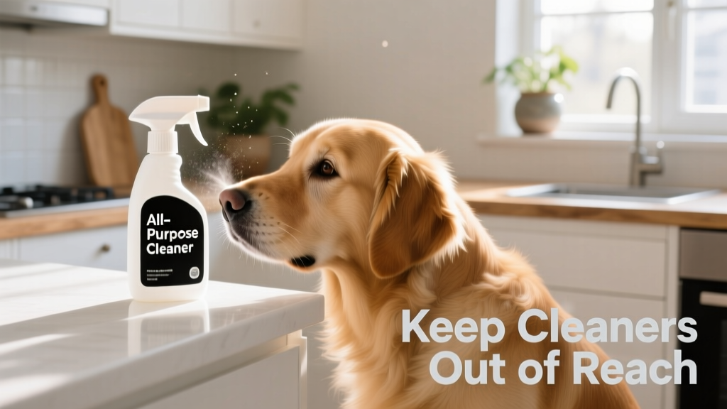 A curious dog sniffing a clean kitchen counter near a spray bottle