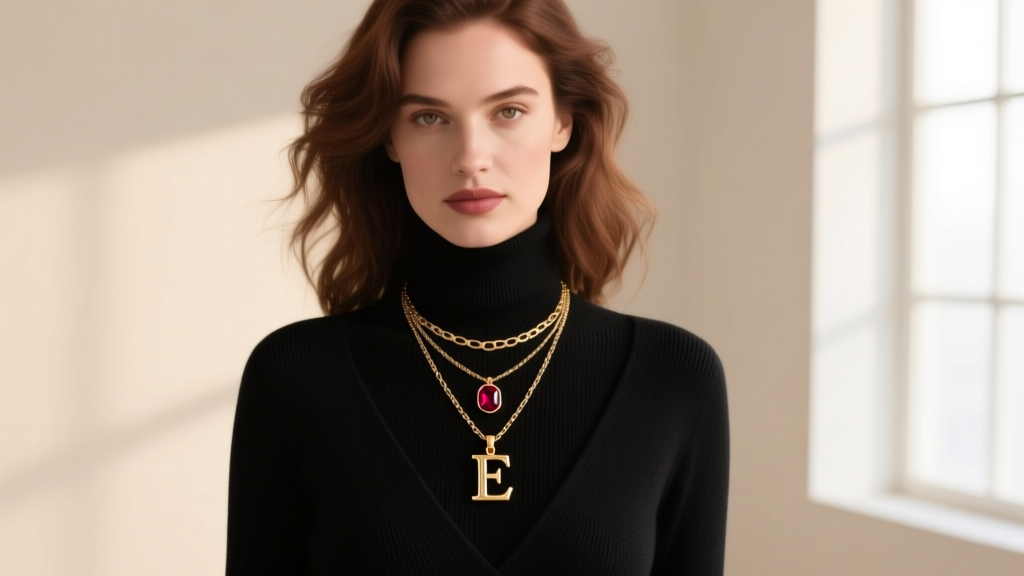 Woman wearing a layered gold initial pendant and bezel-set ruby birthstone necklace stack over a black V-neck cashmere sweater.