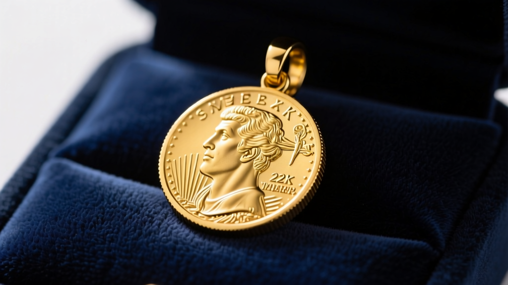 Macro shot of a 22k gold American Eagle coin set in a 14k yellow gold snap bezel necklace, resting elegantly on dark navy velvet.