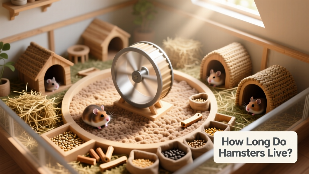 Top-down view of a spacious, clean hamster habitat with deep bedding, a running wheel, hideouts, and foraging areas