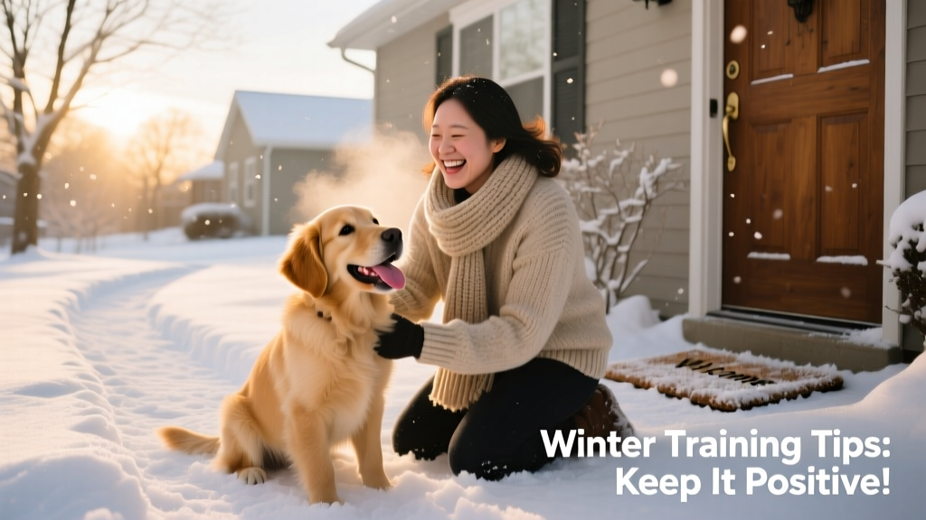 Happy puppy and owner playing gently in light snow, both smiling, with a clear path leading back to the front door