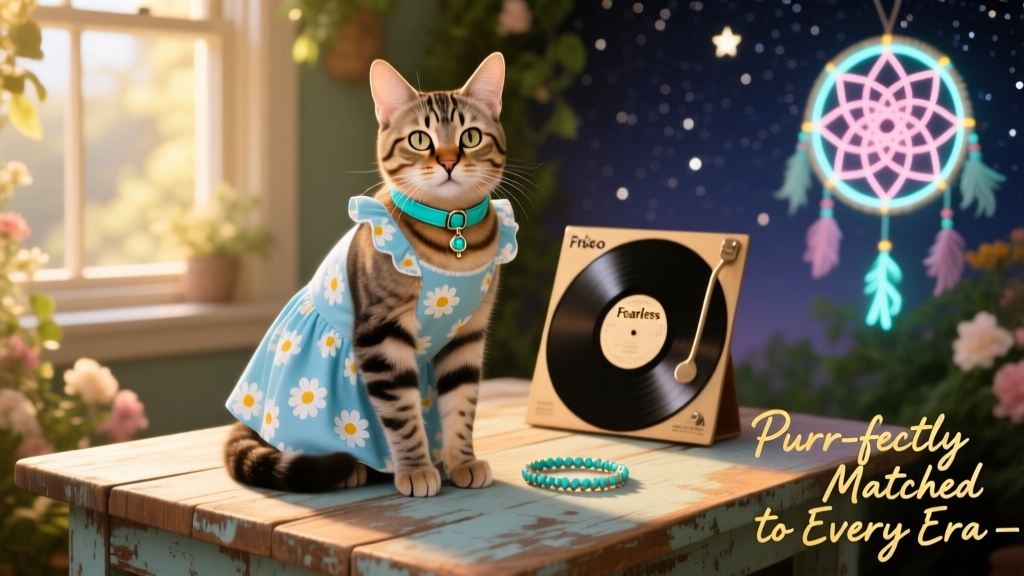 A tabby cat wearing the Frisco Blue Daisies dress, sitting beside a turquoise cat collar and friendship bracelet on a rustic wooden table