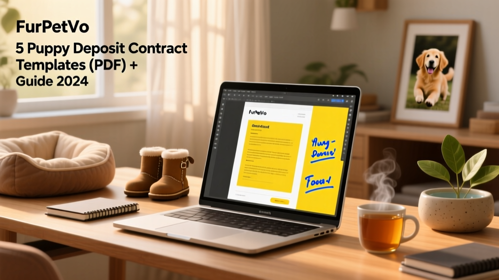 Laptop screen showing a FurPetVo contract template being edited with notes and highlights
