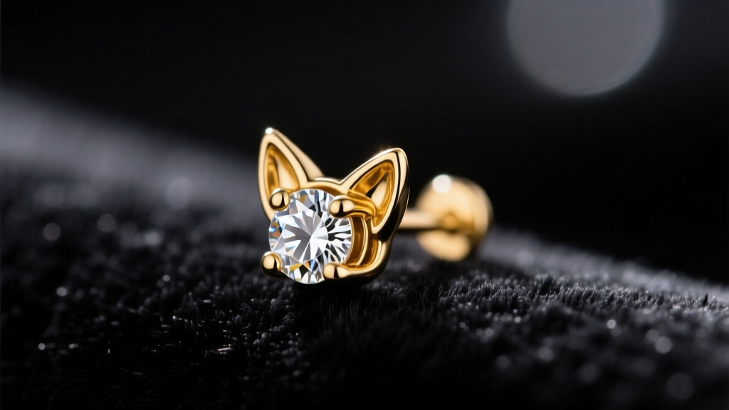 Macro shot of a 14k gold cat stud earring with a tiny diamond on the feline ear, resting on dark velvet under soft studio lighting