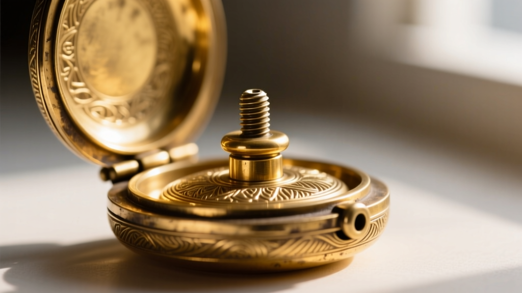 Macro shot of an antique gold perfume locket hinge and threaded screw-top seal showing intricate craftsmanship and mild patina