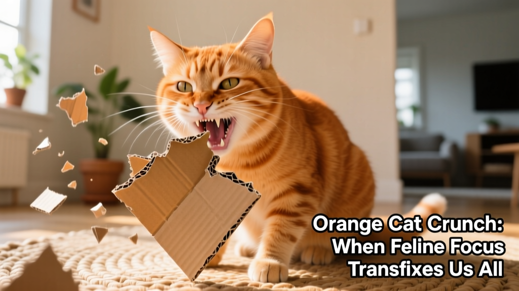 Orange tabby cat mid-bite, crunching a piece of corrugated cardboard with intense focus