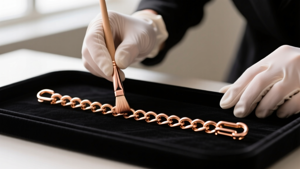 Jewelers hands using soft bristle brush to clean a chunky 14k rose gold paper clip chain laid flat on a dark velvet jewelry tray.