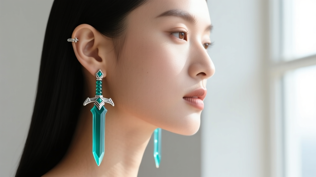 Side profile of a model wearing lightweight UV resin Master Sword drop earrings, showing them on a standard 18-gauge earlobe.