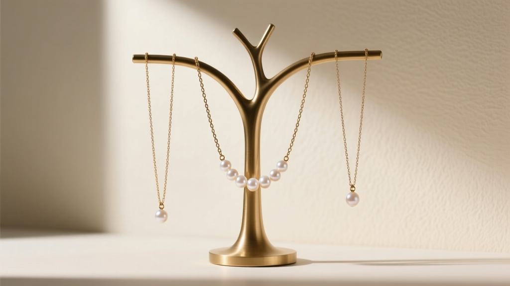 Weighted brushed-brass necklace tree stand holding three delicate cable chains and a pearl choker, set against a soft cream wall.