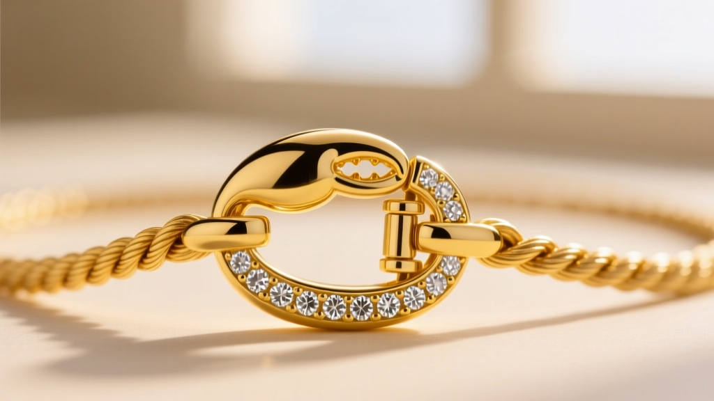 Macro shot of a yellow gold diamond rope necklace clasp, showing a secure lobster mechanism and tiny prong-set melee diamonds