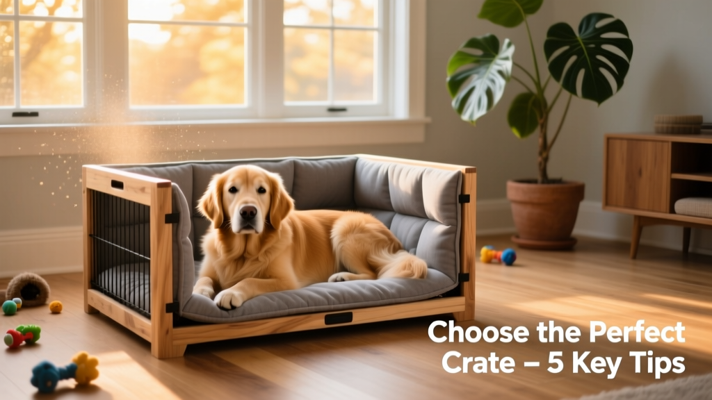 A calm, relaxed dog resting inside a well-padded crate in a cozy home setting