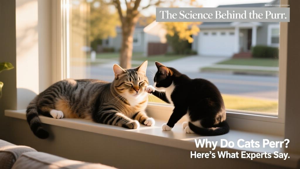 Two cats peacefully sharing a window perch, one purring softly while the other grooms its ear