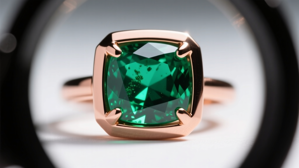 Loupe view of emerald secured in protective 14k rose gold bezel setting, emphasizing secure metal rim and corner protection.