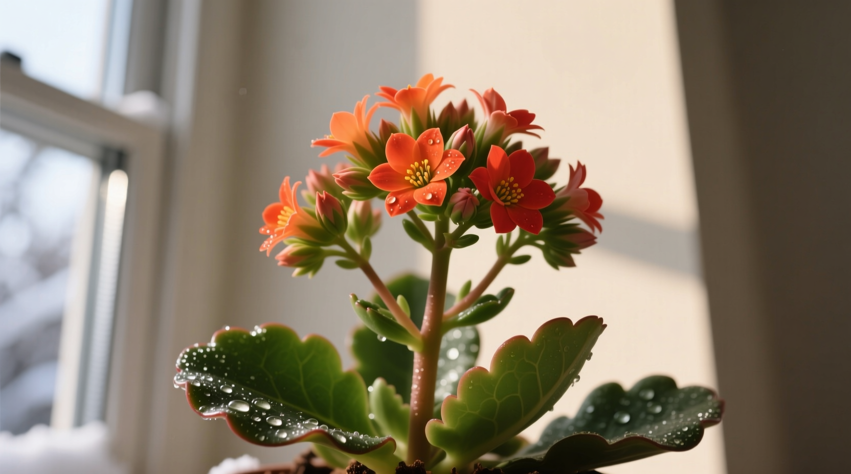 Kalanchoe in December bloom cycle, showing how 8-hour daylight exposure triggers flowers when natural light decreases