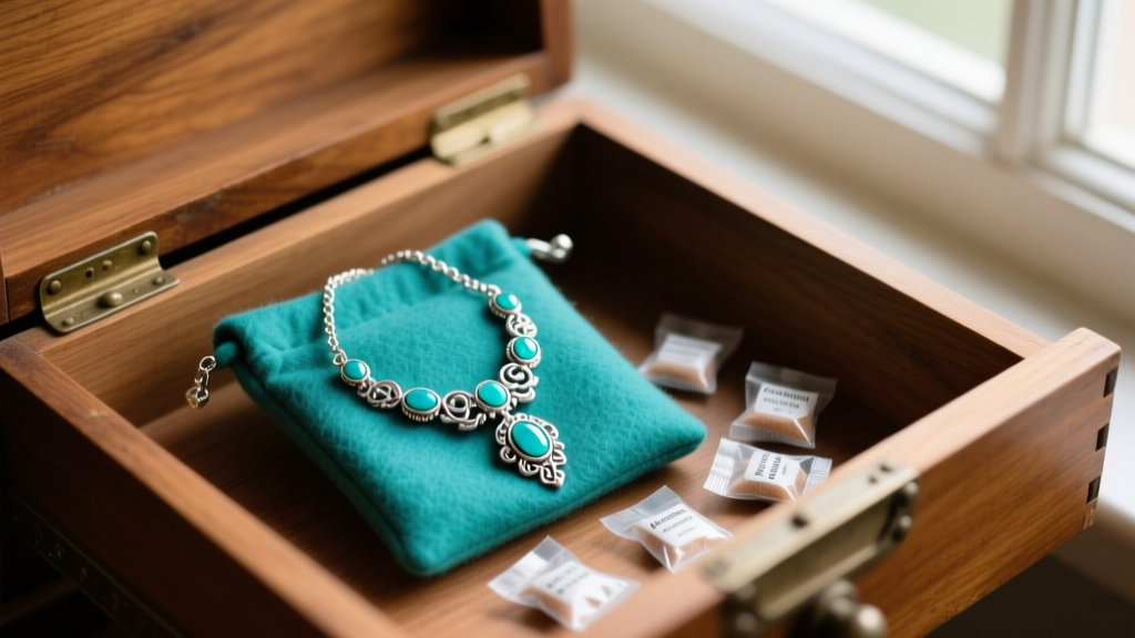 Anti-tarnish flannel pouch holding a turquoise silver necklace in a cedar drawer next to small silica gel desiccant packets.