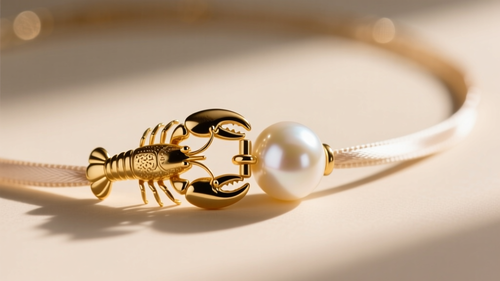 Macro view of a 14k gold lobster clasp securing a delicate silk-threaded 5mm pearl choker against a blurred neutral background.