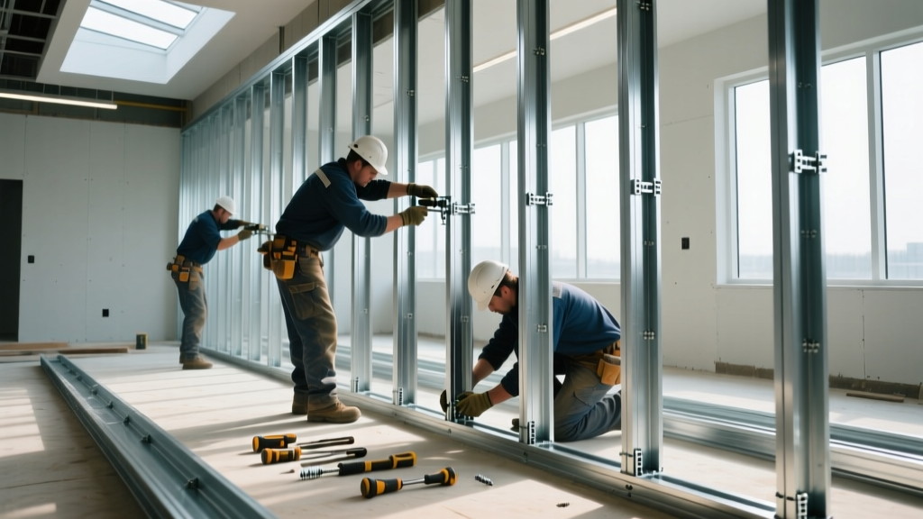 Workers installing G90 galvanized steel framing studs and tracks with self-drilling screws on a commercial interior build