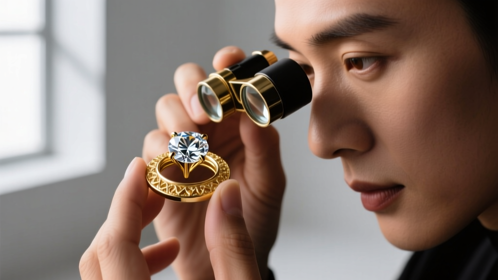 Jeweler using a 10x triplet loupe to inspect delicate prongs securing a shallow rose-cut diamond in an 18k gold bezel setting.