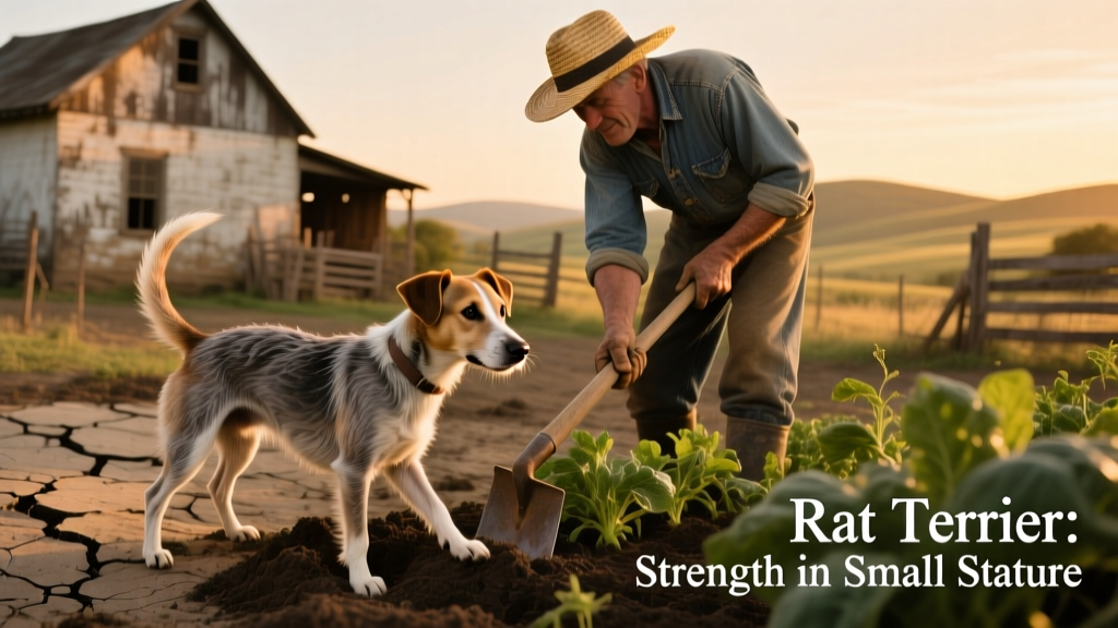 Historical black-and-white photo of a rat terrier working alongside a farmer on a rural property